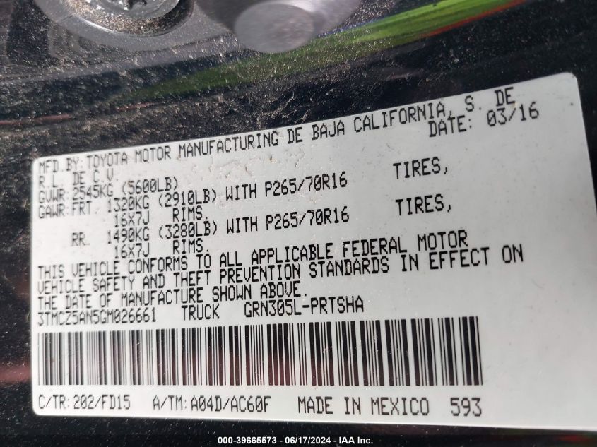 2016 Toyota Tacoma Trd Off Road VIN: 3TMCZ5AN5GM026661 Lot: 39665573