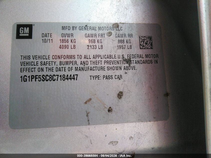 2012 Chevrolet Cruze 1Lt VIN: 1G1PF5SC8C7184447 Lot: 39665581