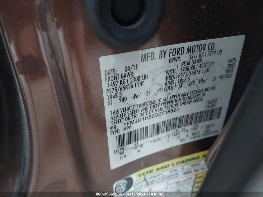 2011 Ford Expedition Xlt VIN: 1FMJU1H52BEF38523 Lot: 39665586