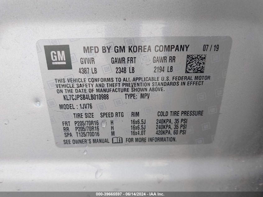 2020 Chevrolet Trax Awd Lt VIN: KL7CJPSB4LB010988 Lot: 39665597