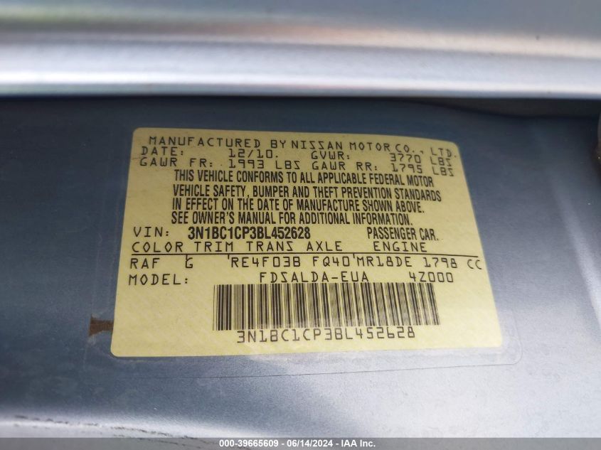 2011 Nissan Versa 1.8S VIN: 3N1BC1CP3BL452628 Lot: 39665609