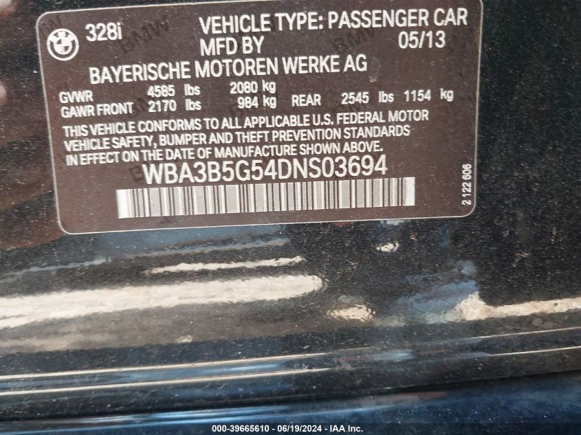 2013 BMW 328I xDrive VIN: WBA3B5G54DNS03694 Lot: 39665610