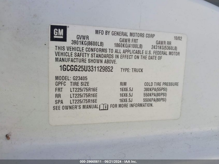 2003 Chevrolet Express VIN: 1GCGG25U331129852 Lot: 39665611