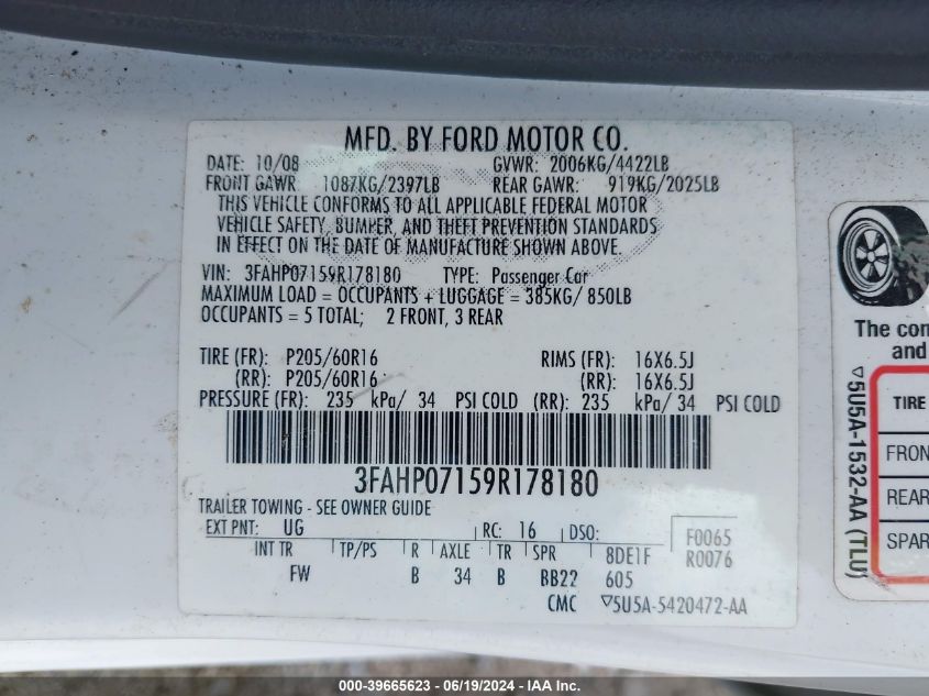 2009 Ford Fusion Se VIN: 3FAHP07159R178180 Lot: 39665623