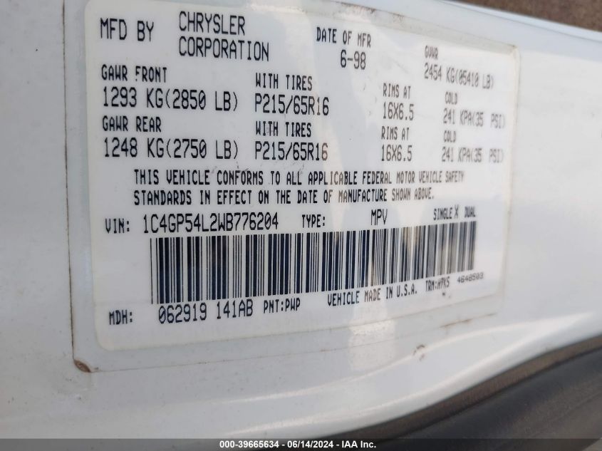 1998 Chrysler Town & Country Lx VIN: 1C4GP54L2WB776204 Lot: 39665634