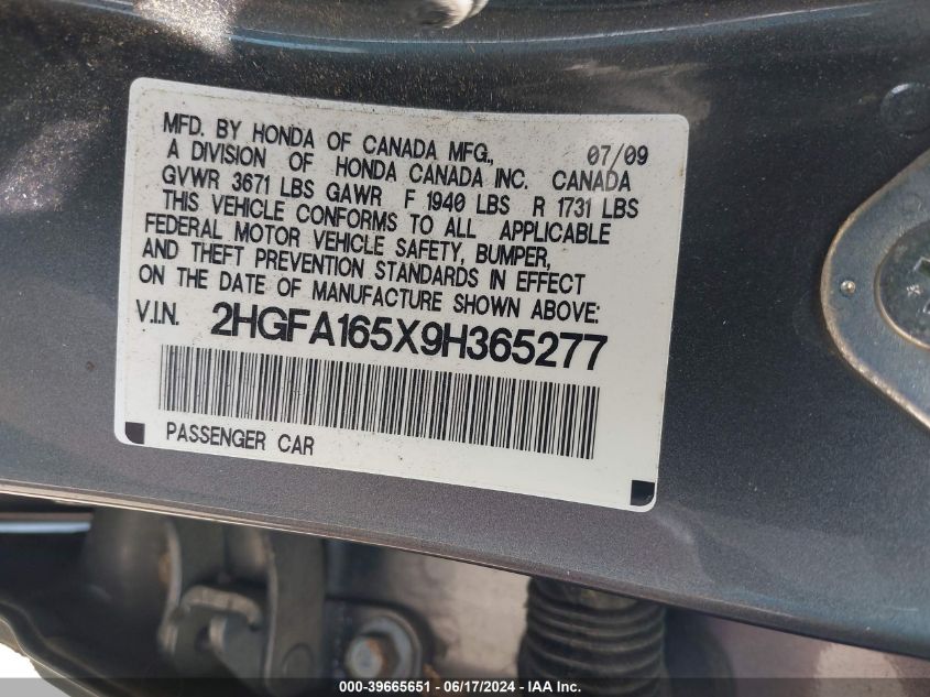 2009 Honda Civic Lx VIN: 2HGFA165X9H365277 Lot: 39665651