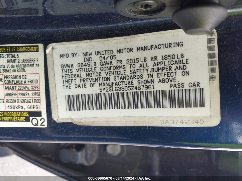 2005 Pontiac Vibe VIN: 5Y2SL63805Z467961 Lot: 39665670