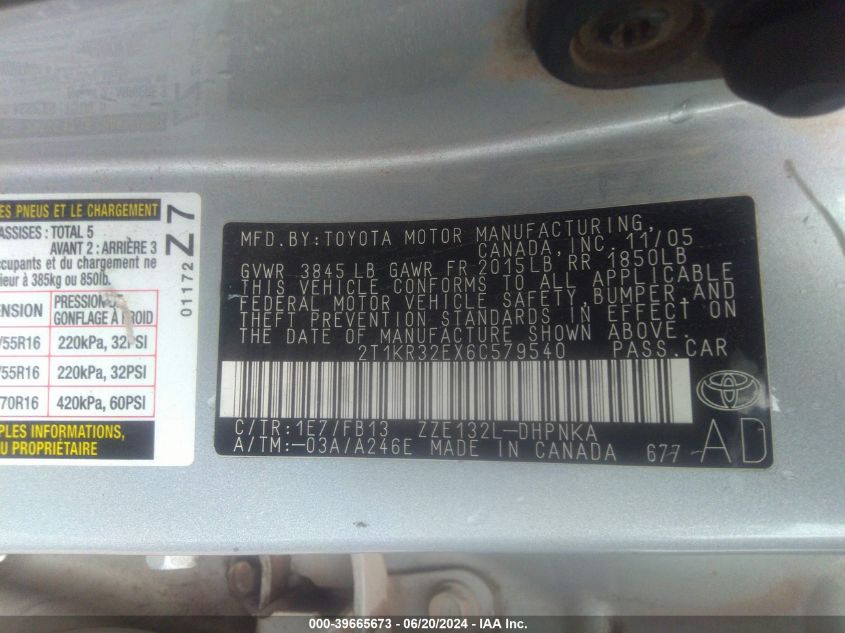 2006 Toyota Matrix Xr VIN: 2T1KR32EX6C579540 Lot: 39665673