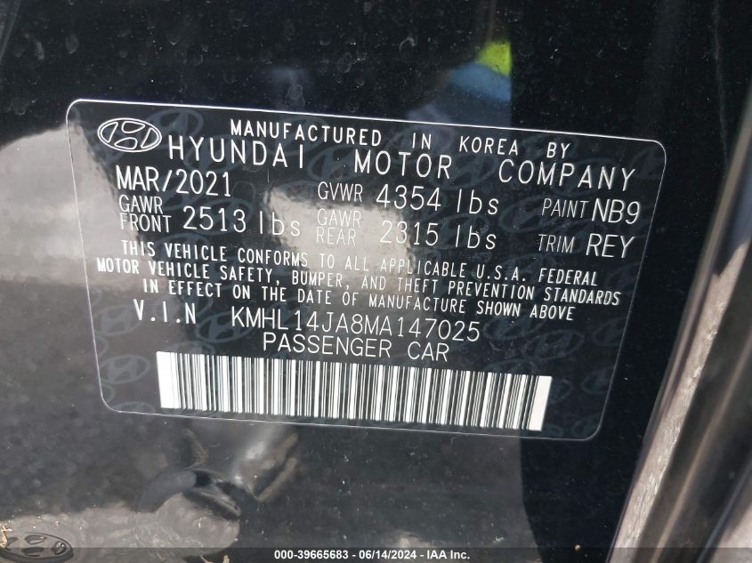 2021 HYUNDAI SONATA SEL - KMHL14JA8MA147025