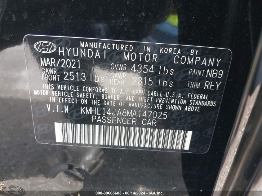 2021 Hyundai Sonata Sel VIN: KMHL14JA8MA147025 Lot: 39665683