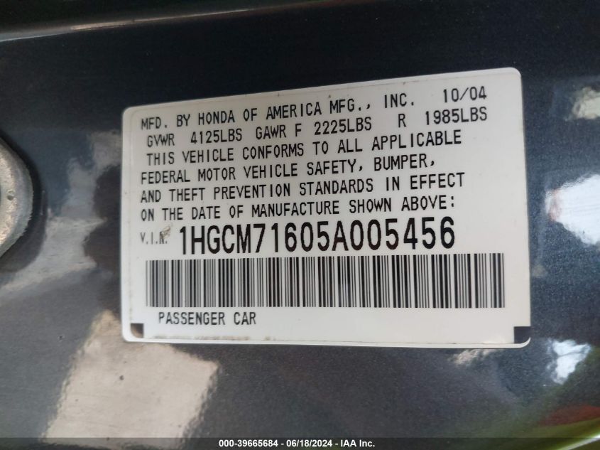 2005 Honda Accord 2.4 Ex VIN: 1HGCM71605A005456 Lot: 39665684