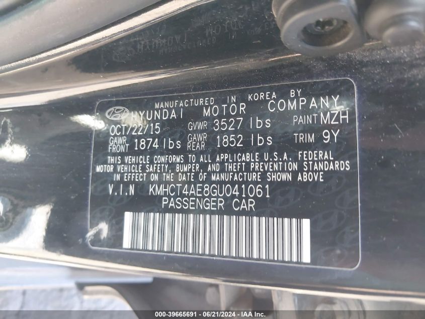2016 Hyundai Accent Se VIN: KMHCT4AE8GU041061 Lot: 39665691