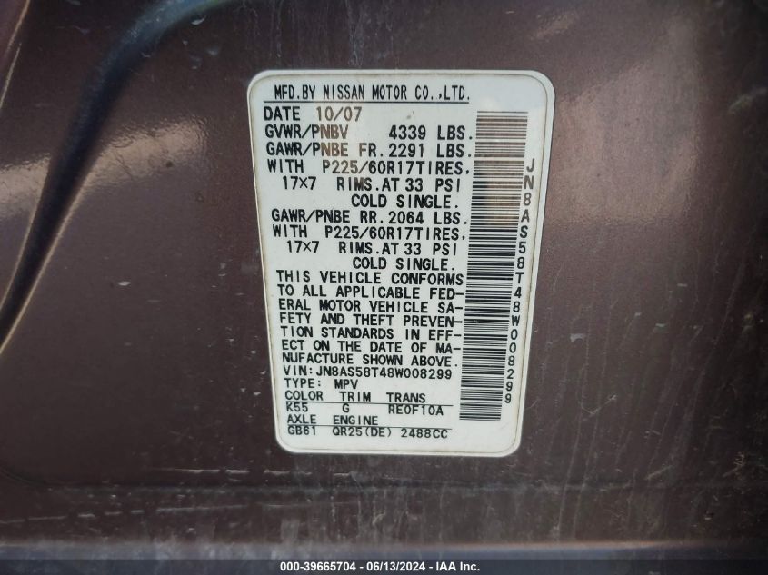 2008 Nissan Rogue Sl VIN: JN8AS58T48W008299 Lot: 39665704