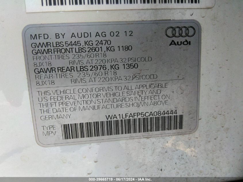 2012 Audi Q5 2.0T Premium VIN: WA1LFAFP5CA084444 Lot: 39665719