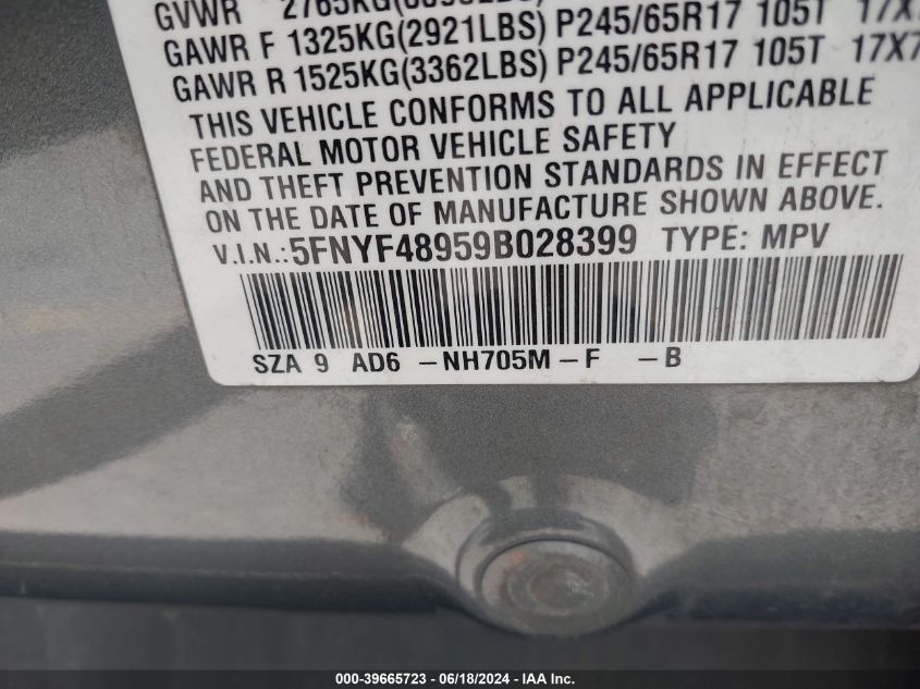2009 Honda Pilot Touring VIN: 5FNYF48959B028399 Lot: 39665723