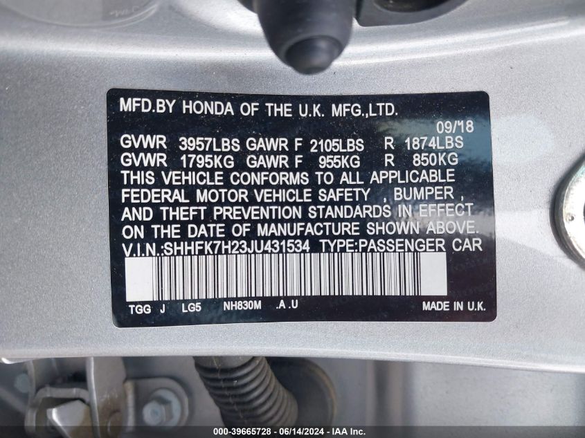 2018 Honda Civic Lx VIN: SHHFK7H23JU431534 Lot: 39665728