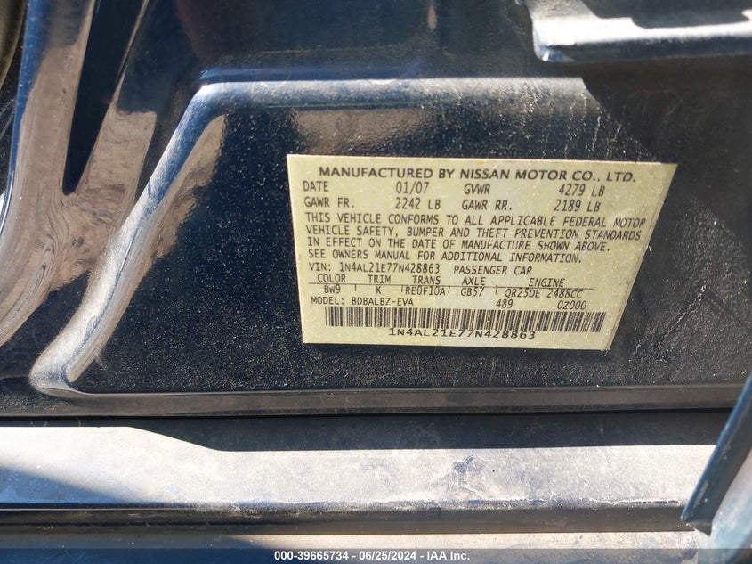 2007 Nissan Altima 2.5 S VIN: 1N4AL21E77N428863 Lot: 39665734