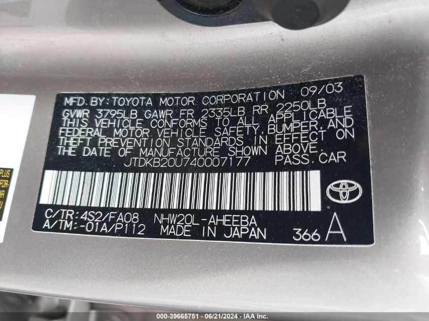2004 Toyota Prius VIN: JTDKB20U740007177 Lot: 39665751
