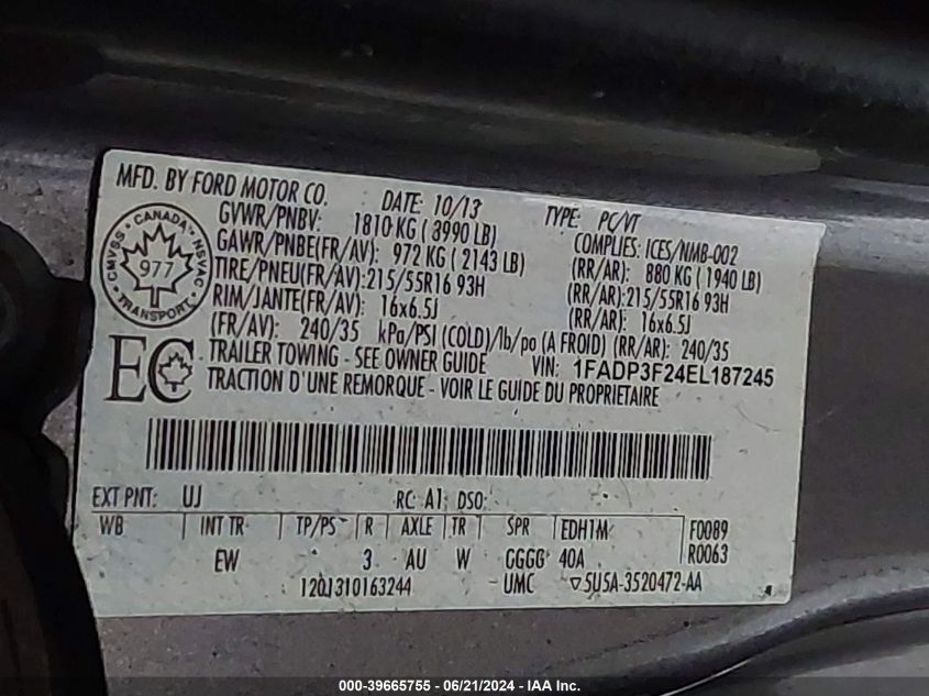 2014 Ford Focus Se VIN: 1FADP3F24EL187245 Lot: 39665755