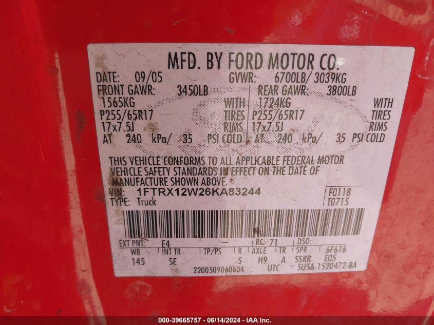 2006 Ford F-150 Stx/Xl/Xlt VIN: 1FTRX12W26KA83244 Lot: 39665757