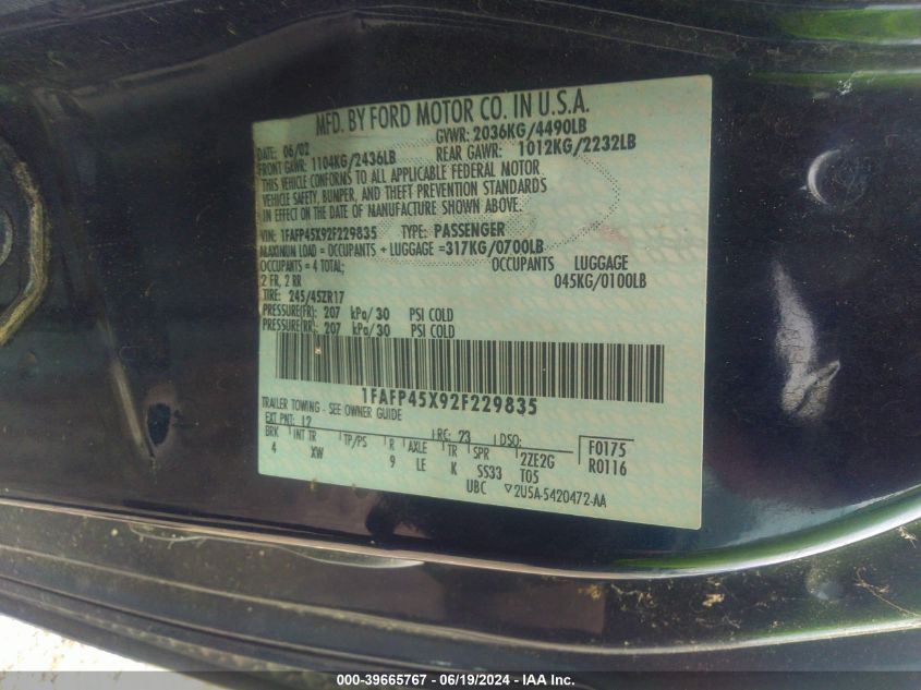 2002 Ford Mustang Gt VIN: 1FAFP45X92F229835 Lot: 39665767