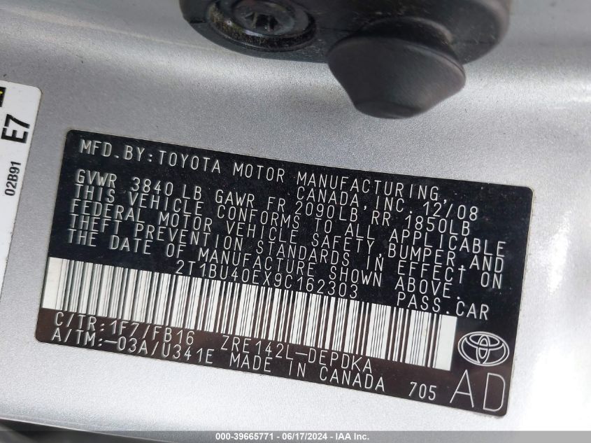 2009 Toyota Corolla Le VIN: 2T1BU40EX9C162303 Lot: 39665771