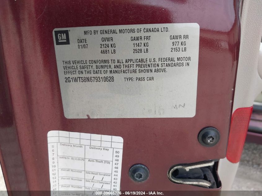 2007 Chevrolet Impala Lt VIN: 2G1WT58N679310628 Lot: 39665776