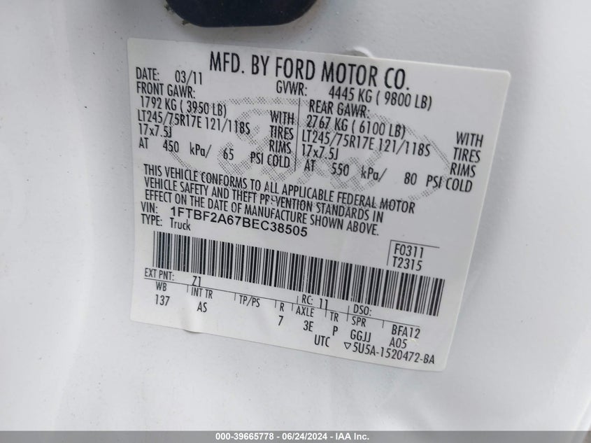 2011 Ford F-250 Xl/Xlt VIN: 1FTBF2A67BEC38505 Lot: 39665778