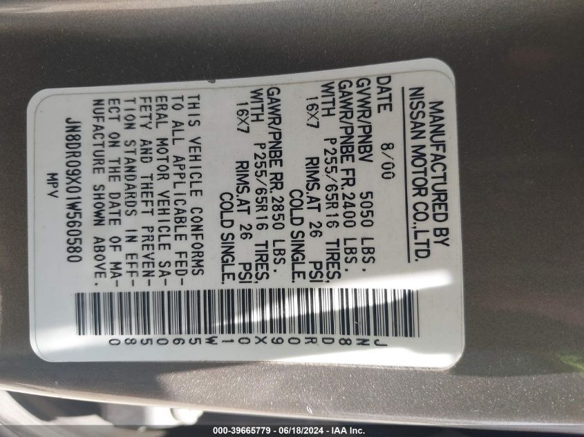 2001 Nissan Pathfinder Le VIN: JN8DR09X01W560580 Lot: 39665779
