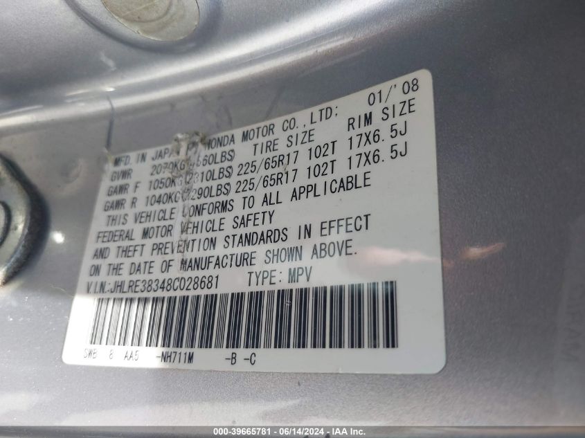 2008 Honda Cr-V Lx VIN: JHLRE38348C028681 Lot: 39665781