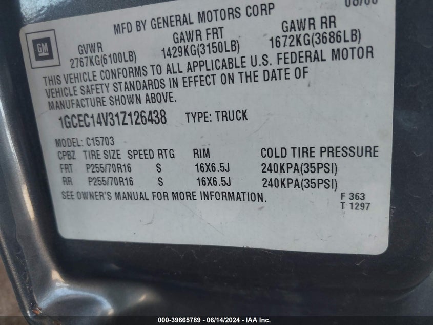 2001 Chevrolet Silverado 1500 Ls VIN: 1GCEC14V31Z126438 Lot: 39665789