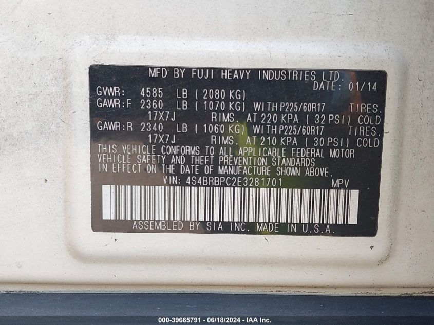 2014 Subaru Outback 2.5I Limited VIN: 4S4BRBPC2E3281701 Lot: 39665791