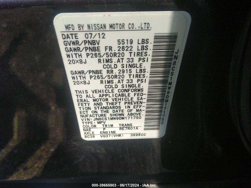 2013 Infiniti Fx37 VIN: JN8CS1MW9DM171750 Lot: 39665803