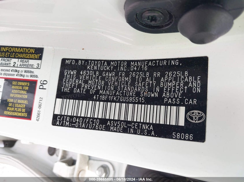 2016 Toyota Camry Le VIN: 4T1BF1FK7GU595515 Lot: 39665805