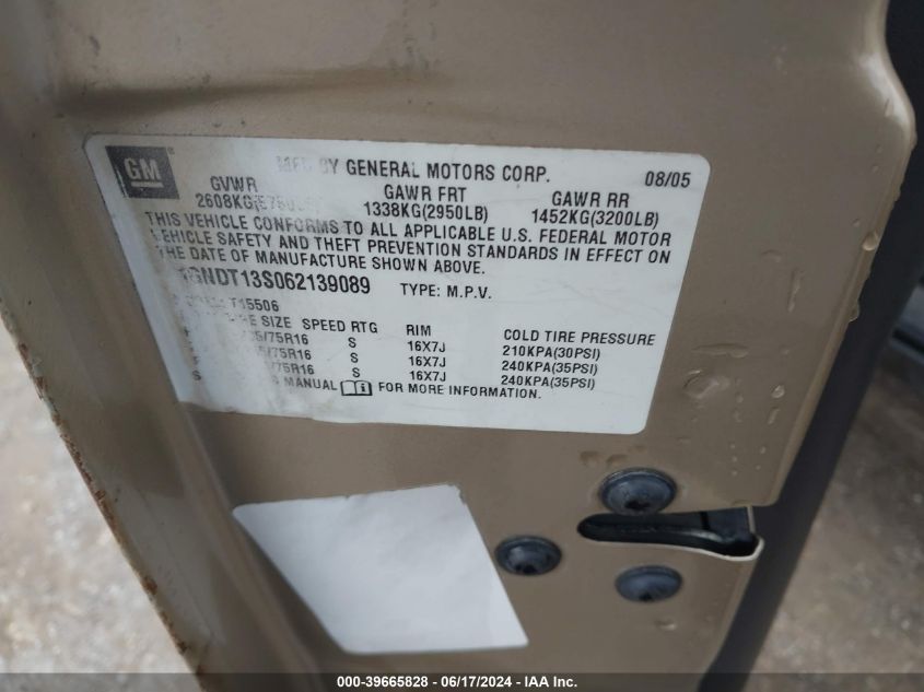 2006 Chevrolet Trailblazer Ls VIN: 1GNDT13S062139089 Lot: 39665828