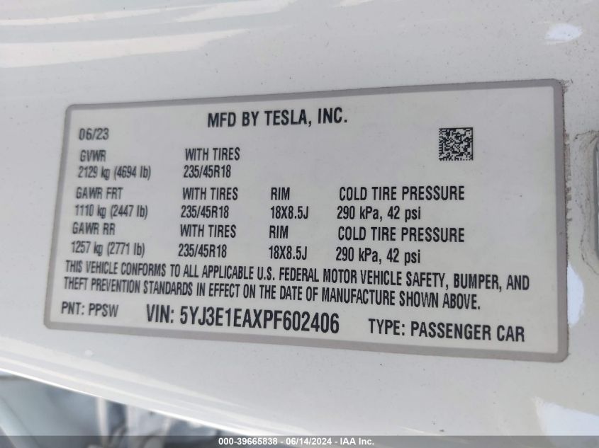 2023 Tesla Model 3 Rear-Wheel Drive VIN: 5YJ3E1EAXPF602406 Lot: 39665838