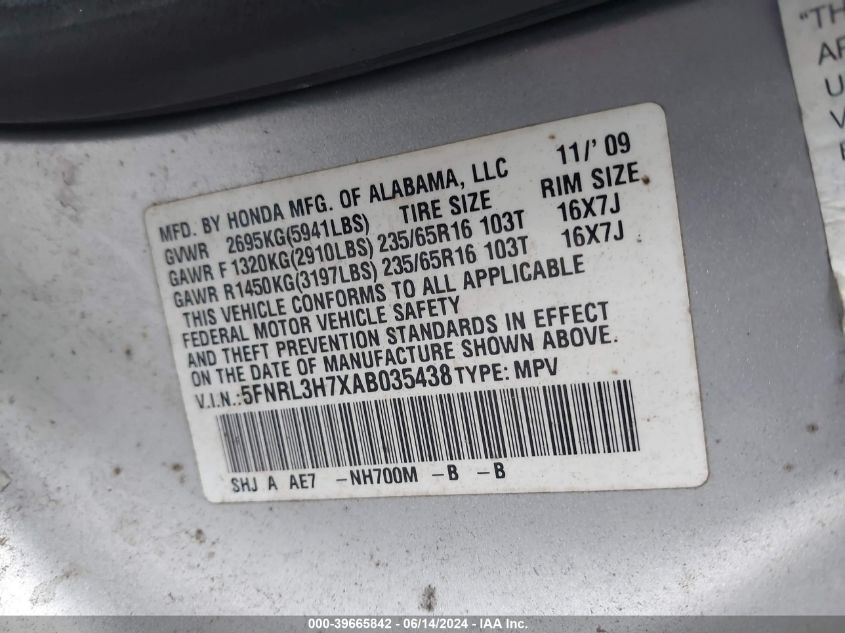 2010 Honda Odyssey Ex-L VIN: 5FNRL3H7XAB035438 Lot: 39665842