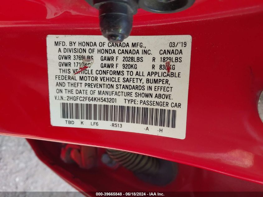 2019 Honda Civic Lx VIN: 2HGFC2F64KH543201 Lot: 39665848