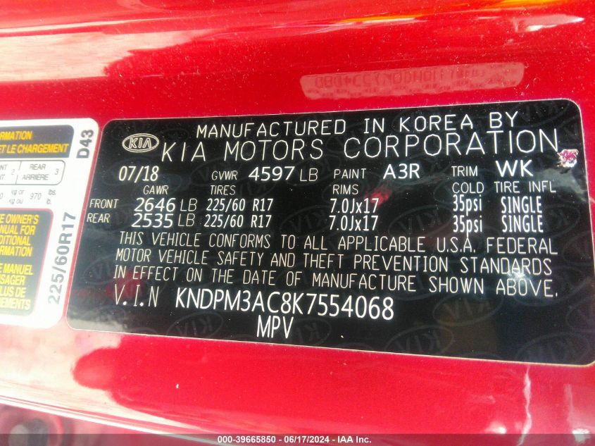 2019 Kia Sportage Lx VIN: KNDPM3AC8K7554068 Lot: 39665850