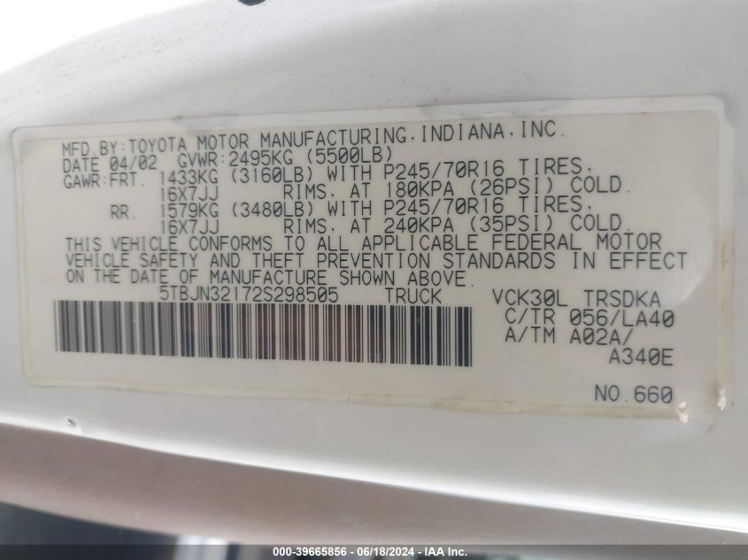 2002 Toyota Tundra VIN: 5TBJN32172S298505 Lot: 39665856