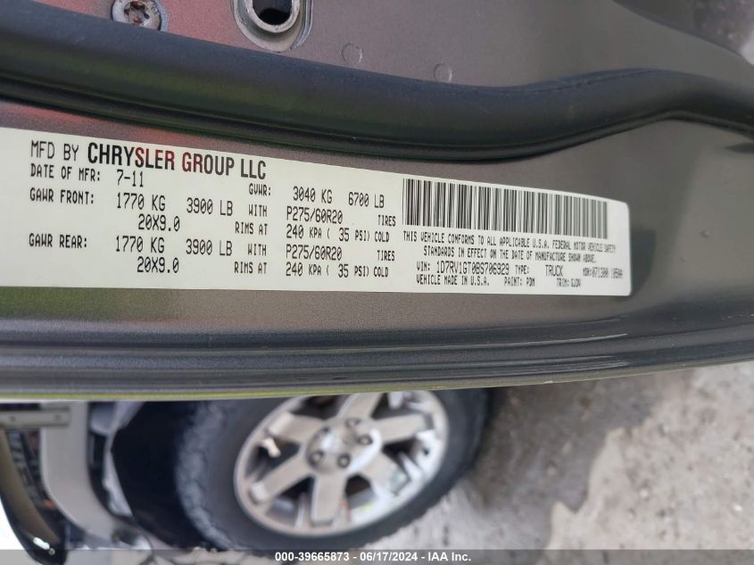 2011 Ram Ram 1500 Laramie VIN: 1D7RV1GT0BS706929 Lot: 39665873