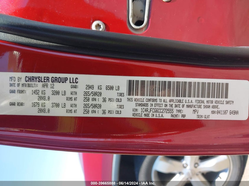 2012 Jeep Grand Cherokee Overland VIN: 1C4RJFCG6CC272555 Lot: 39665888