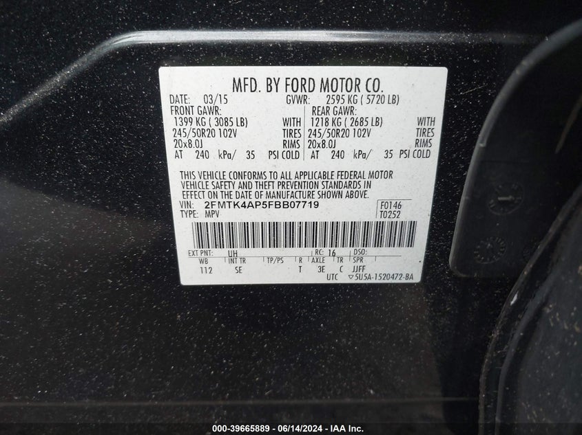 2015 Ford Edge Sport VIN: 2FMTK4AP5FBB07719 Lot: 39665889
