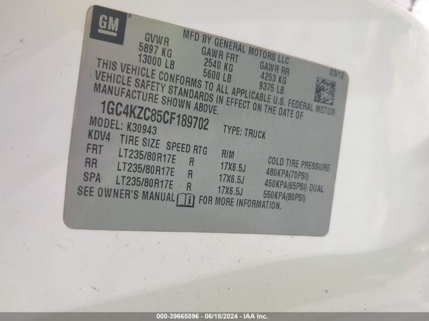 2012 Chevrolet Silverado 3500Hd Work Truck VIN: 1GC4KZC85CF189702 Lot: 39665896