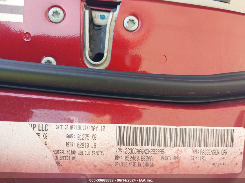 2012 Chrysler 300 VIN: 2C3CCAAGXCH283999 Lot: 39665899