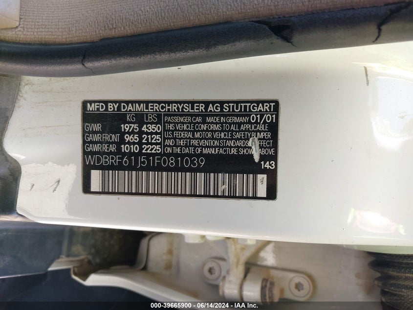 2001 Mercedes-Benz C 240 VIN: WDBRF61J51F081039 Lot: 39665900
