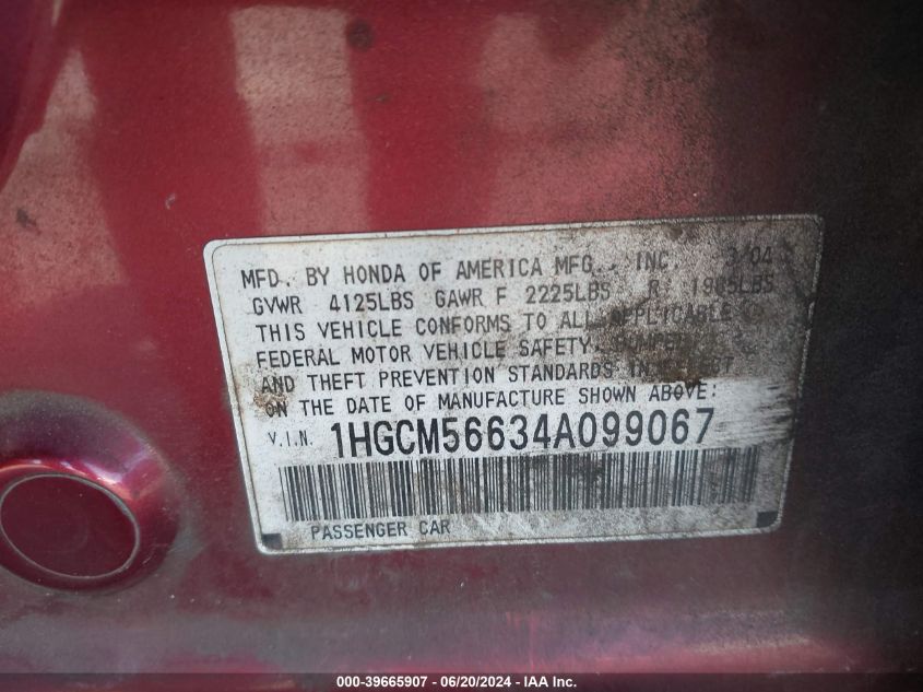 2004 Honda Accord 2.4 Ex VIN: 1HGCM56634A099067 Lot: 39665907