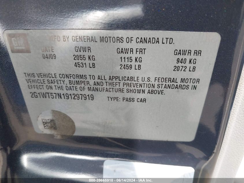 2009 Chevrolet Impala Lt VIN: 2G1WT57N191297919 Lot: 39665918