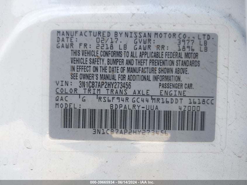 2017 Nissan Sentra VIN: 3N1CB7AP2HY273456 Lot: 39665934