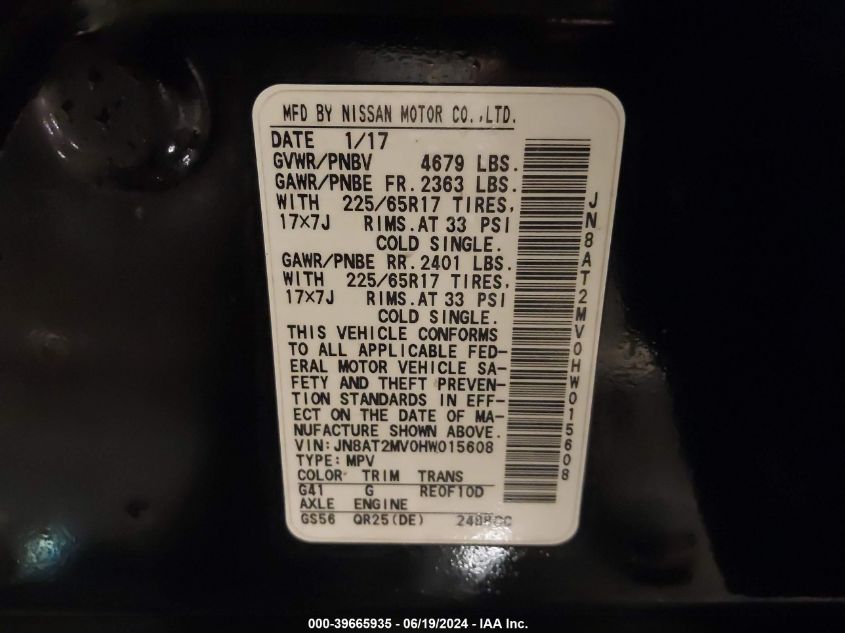 2017 NISSAN ROGUE SV - JN8AT2MV0HW015608